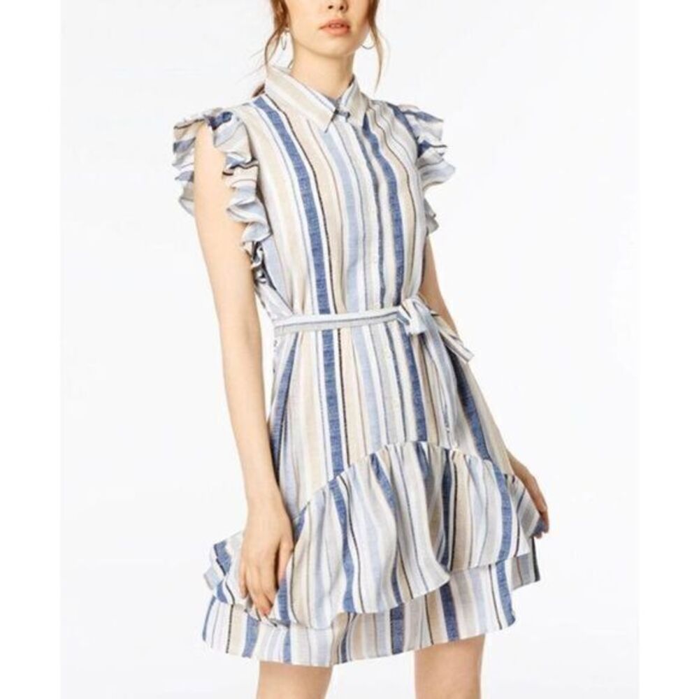 JULIA JORDAN EUC Blue Striped Ruffle Shirt Dress US 8